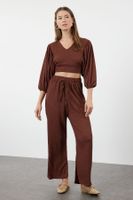 Trendyol Dark Brown Textured Fabric Relaxed Flexible Blouse Trousers Knitted Bottom-Top Set