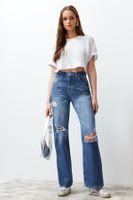 Trendyol Blue Ripped High Waist Wide Leg Jeans