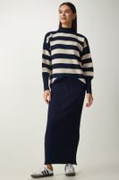 Happiness İstanbul Women's Navy Blue Striped Sweater Dress Knitwear Suit