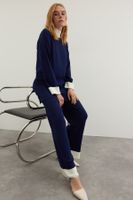 Trendyol Navy Blue Stand Collar Color Block Corded Sweater-Pants Knitwear Suit