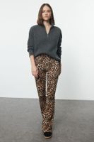 Trendyol Brown Leopard Print Flare/Wide Leg High Waist Trousers