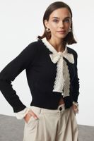 Trendyol Black Crop Garnished Ribbon/Bow Detailed Knitwear Cardigan