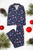 Trendyol Navy Blue 100% Cotton Christmas Themed Knitted Pajamas Set