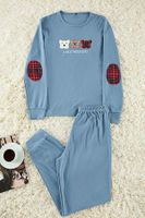 Trendyol Blue Cotton Animal and Slogan Embroidered Knitted Pajama Set