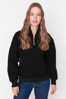 Trendyol Black Oversize/Wide Fit Zippered Stand-Up Collar Thick Inside Fleece Knitted Sweatshirt