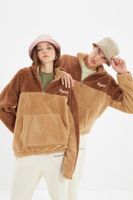 Trendyol Camel Unisex Oversize/Wide-Fit High Neck Color Block meleg plüss pulóver minimális hímzéssel