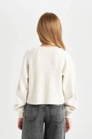 DEFACTO Girl's Ecru Standard Fit Crew Neck Knitted Patterned Knitwear Sweater