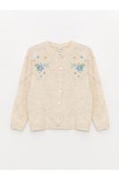 LC Waikiki Crew Neck Embroidered Long Sleeve Girl's Knitwear Cardigan