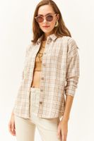 Olalook Women's Ecru Stone Plaid Lumberjack Shirt