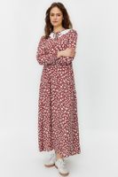 Trendyol Brown Floral Pattern Scalloped Tie Collar Detailed Viscose Woven Dress