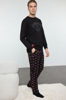 Trendyol Men's Black Regular Fit Printed Labeled Knitted Pajama Set