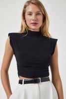 Happiness İstanbul Women's Black High Neck Gathered Crop Knitted Blouse