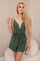 Women's short jumpsuit with decorative lace - khaki