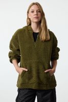 Trendyol Khaki Zippered Hooded Oversize/Wide Fit Plush Knitted Sweatshirt