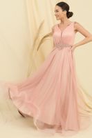 By Saygı V Neck Waist Stoned Lined Top Glitter Inside Satin Long Princess Dress