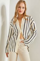 Bianco Lucci Women's Shirt Collar Long Sleeve Striped Cardigan