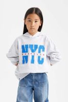 DEFACTO Girl Oversize Fit Wide Pattern Hooded Printed Soft Furry Sweatshirt