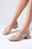 Mio Gusto Isabel Beige Color Suede Blunt Toe Mesh Detailed Women's Short Heeled Shoes