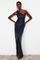 Trendyol Navy Blue Single Sleeve Knitted Sequin Long Evening Evening Dress