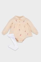 DEFACTO Baby Girl Newborn Embroidered Snap Long Sleeve Muslin Jumpsuit Tights 2-Piece Set