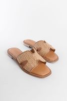 Capone Outfitters Straw Genuine Leather H Banded Flat Heeled Women's Slippers