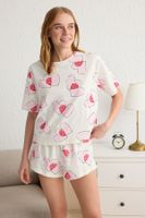 Trendyol Ecru Heart Jersey Knitted Pajama Set