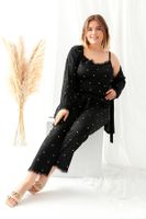 Trendyol Curve Black Heart Patterned 3-Pack Tie and Lace Detailed Knitted Pajama Set