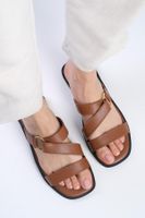 Mio Gusto Genuine Leather Tan Color Blunt Toe Women's Flat Slippers