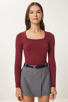 Happiness İstanbul Women's Burgundy Square Neck Viscose Knitted Blouse