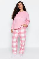 Trendyol Curve Pink Embroidery Detail Plaid/Checked Fleece Knitted Pajamas Set