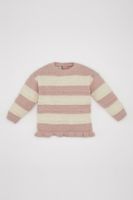 DEFACTO Baby Girl Dusty Rose Striped Button-Down Crew Neck Sweater