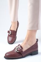 Mio Gusto Women's Claret Red Leather Oxford Shoes with Pearl Buckle