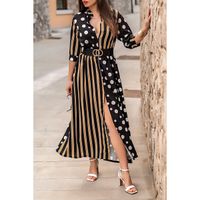 Elegantes Maxikleid Aus Zwei Arten Von Gemustertem Stoff, Mori, Braun