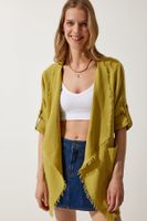 Happiness İstanbul Women's Oil Green Fringe Detail Asymmetric Muslin Jacket