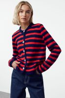 Trendyol Navy Blue Soft Texture Striped Jacket Look Knitwear Cardigan