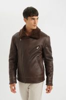 DEFACTO Slim Fit Slim Fit Zipper Collar Faux Für Lined Zippered Faux Leather Coat