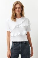 Trendyol White 100% Cotton Ruffle Detailed Relaxed/Comfortable Fit Short Sleeve Knitted T-Shirt