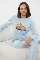 Trendyol Blue %00 Cotton Teddy Bear and Slogan Printed Knitted Pajama Set