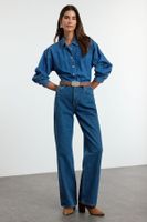 Trendyol Blue Dart Detail High Waist Long Straight Jeans