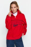 Trendyol Red Zipper Printed Oversize Thick Fleece Knitted Sweatshirt