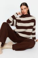 Trendyol Brown Wide Pattern Striped Knitwear Top-Top Set