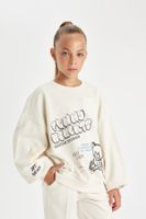 DEFACTO Girl Oversize Wide Pattern Crew Neck Teddy Bear Printed Sweatshirt