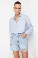 Trendyol Blue Ripped High Waist Denim Shorts