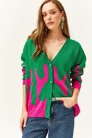 Olalook Women's Green Fuchsia Juicy Patterned Oversize Knitwear Cardigan