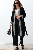 Trendyol Black Embroidered Detailed Belted Woven Kimono-Pants Set