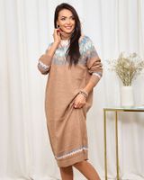 Resti Brązowa damska sukienka swetrowa z golfem i printem