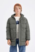 DEFACTO Boy's Water Repellent Hooded Zippered Snap Closure Pocket Puffer Parka