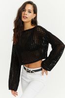 Cool & Sexy Women's Black Spanish Sleeve Openwork Knitwear Short Blouse