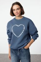 Trendyol Indigo Oversize/Wide Pattern Back Printed Thick Inside Polar Fleece Knitted Sweatshirt