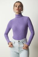 Happiness İstanbul Women's Lilac Turtleneck Corduroy Knitted Blouse